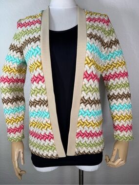 Vintage Chevron Stripe Colorful Woven Knit Open Front Cardigan Sweater SMALL EUC
